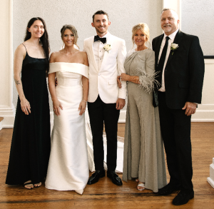 Janice Hunziker with family at wedding. (From left to right, daughter Evie, daughter-in-law Jez, son Scott, Janice and husband, Randy.